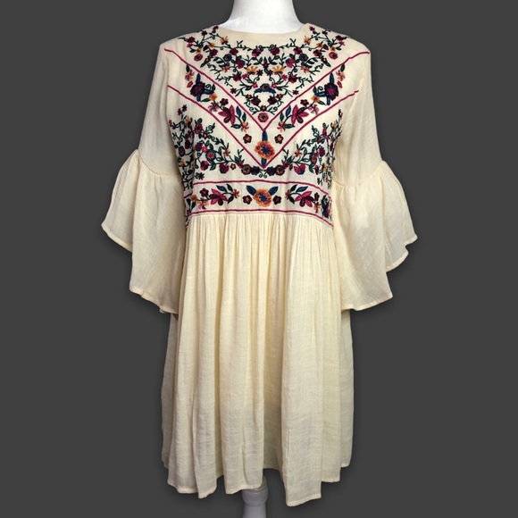 Umgee Dress Peacock Ivory Floral Embroidered Bells Sleeve Crinkle Pleated Boho - Picture 2 of 9